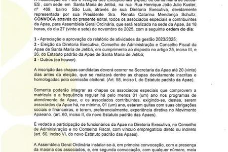 imagem EDITAL DE CONVOCAÇÃO ASSEMBLEIA GERAL ORDINÁRIA - ELEIÇÃO