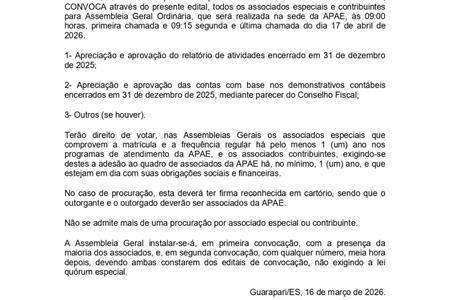imagem EDITAL DE CONVOCAÇÃO DE ASSEMBLEIA GERAL ORDINÁRIA para apreciação e aprovação do relatório de atividades e as contas da Diretoria Executiva do ano de 2025 (art. 26, § único do Estatuto).