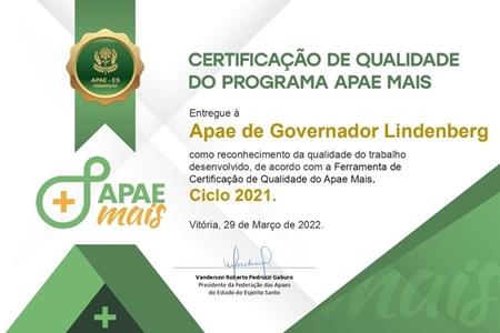 imagem Certificação de Qualidade do Programa APAE Mais - APAE DE GOVERNADOR LINDENBERG/ES