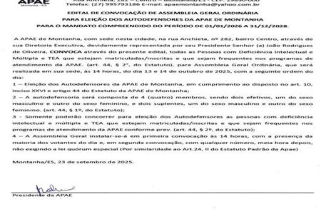 imagem Edital de Convocação de Assembleia Geral Ordinária para Eleição de Autodefensores
