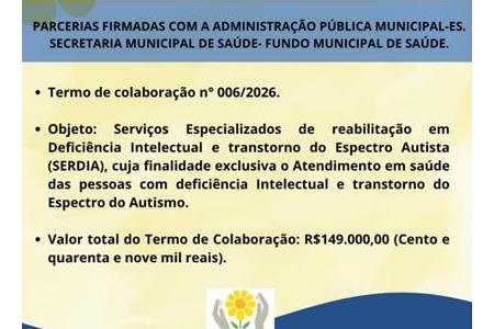imagem PARCERIAS FIRMADAS COM A ADMINISTRAÇÃO PÚBLICA MUNICIPAL-ES - TERMO DE COLABORAÇÃO 006/2026
