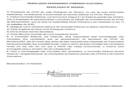 imagem Resolução Designando Comissão Eleitoral para o processo de eleição de Autodefensores da APAE de Montanha/ES