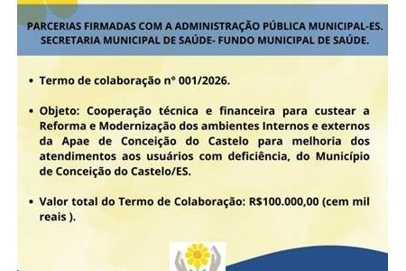 imagem PARCERIAS FIRMADAS COM A ADMINISTRAÇÃO PÚBLICA MUNICIPAL-ES - TERMO DE COLABORAÇÃO 001/2026