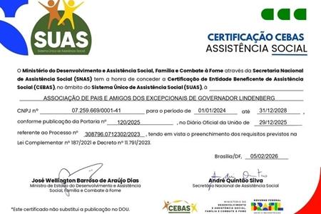 imagem Conquista do CEBAS pela APAE de Governador Lindenberg. 