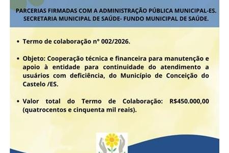 imagem PARCERIAS FIRMADAS COM A ADMINISTRAÇÃO PÚBLICA MUNICIPAL-ES - TERMO DE COLABORAÇÃO 002/2026