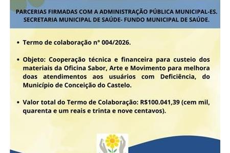 imagem PARCERIAS FIRMADAS COM A ADMINISTRAÇÃO PÚBLICA MUNICIPAL-ES - TERMO DE COLABORAÇÃO 004/2026